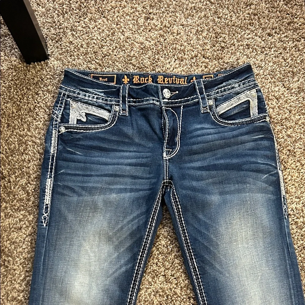 Rock Revival Women's Dark Blue Boot Cut Jeans with Contrast Stitching - Picture 1 of 8